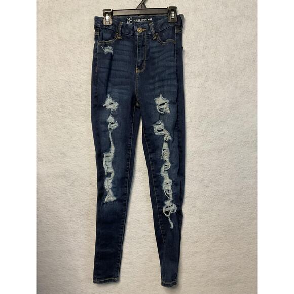 No Boundaries Jeans Juniors 1 Blue Super High Rise Distressed Skinny Stretch - Picture 1 of 10